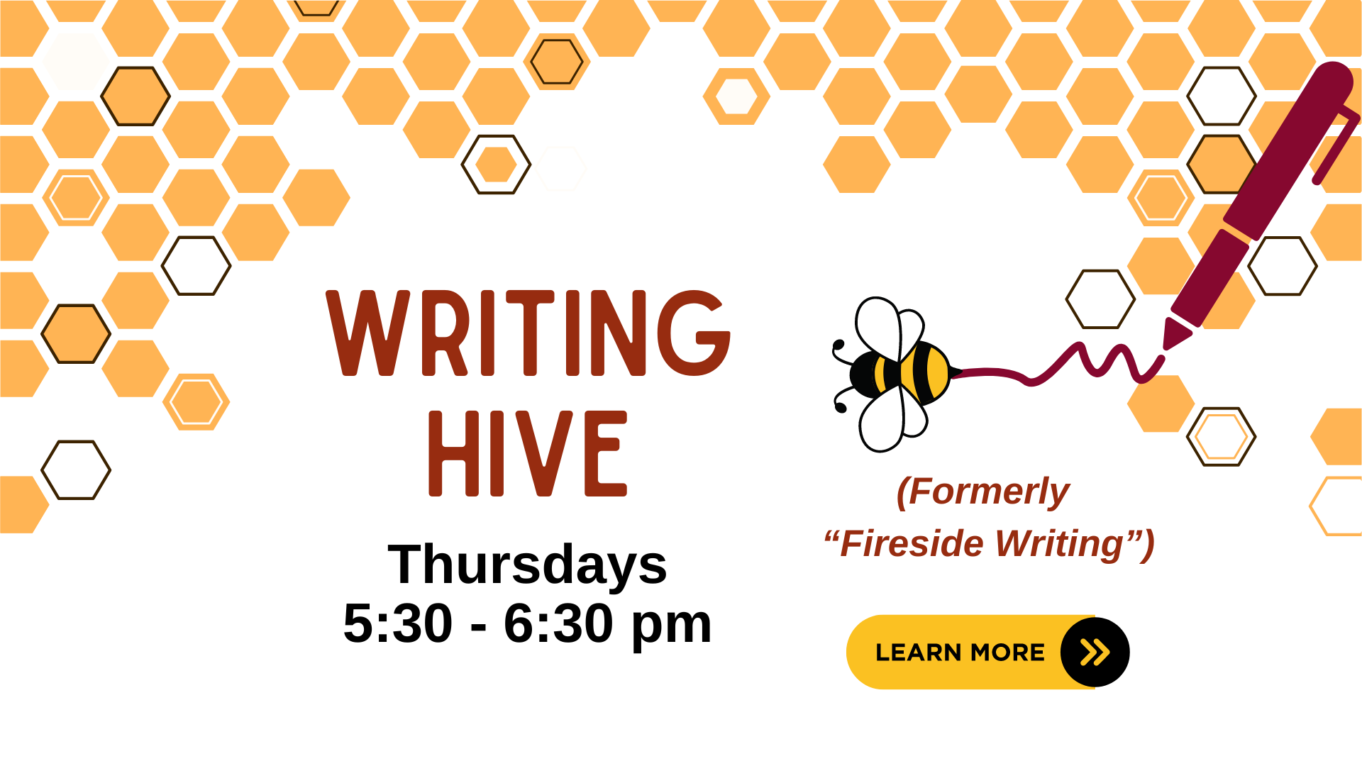 a honeycomb with a bee and a pen, and the words "Writing Hive" with a link to more information