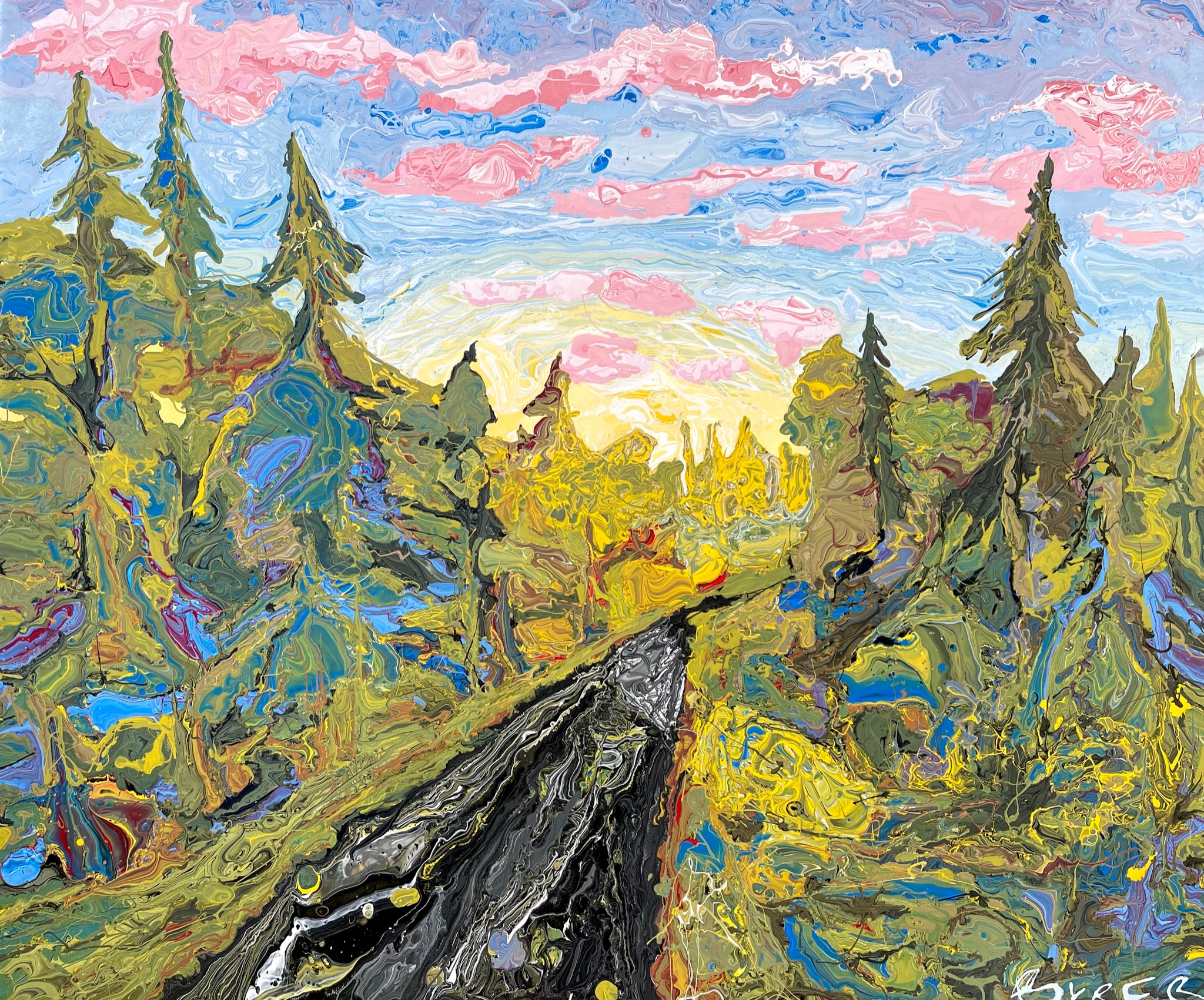 Fantastic, painting of a road through a forest with a blue and pink sky, by Jon Byrer