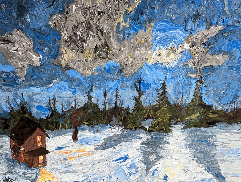 Full, a winter landscape painting by Jon Byrer showing trees behinda snowy landscape with a brown house in the foreground