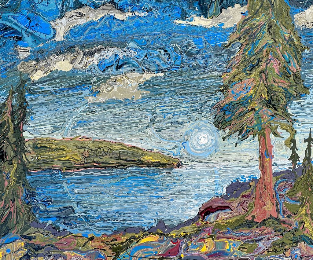 Twilight Moon, painting of an ocean inlet with trees in the foreground and the moon rising over the water