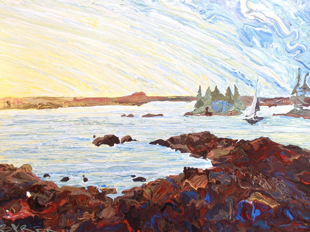 In the Light, painting by Jon Byrer showing a beach cove at sunrise