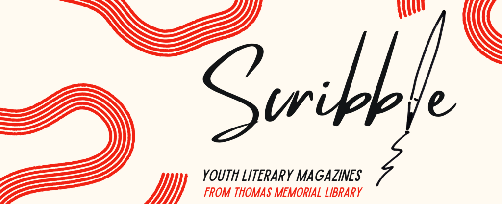 off-white background with red scribble designs and the words Scribble Youth Literary Magazines