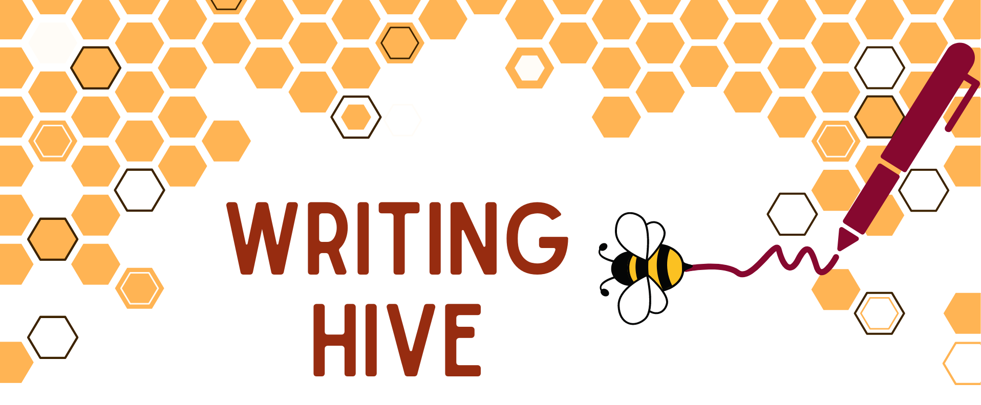 a honeycomb with a pen and a bee and the words "writing hive"