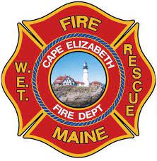 Cape Elizabeth Fire/Rescue logo, red and yellow with the image of Portland Head Light in the center