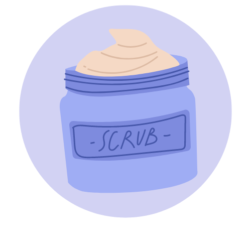 an image of a purple jar that says "scrub" with peach colored contents against purple circle