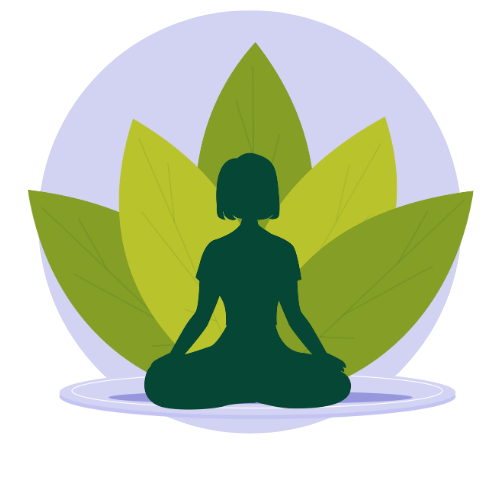green silhouette of someone in the yoga lotus position against a green lotus image and purple circle