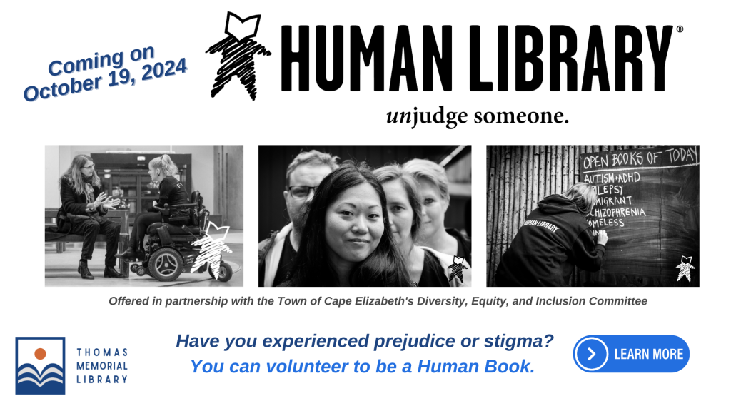 volunteer to be a Human Book, with an image of the Human Library logo and photographs of people in conversation; click to learn more.
