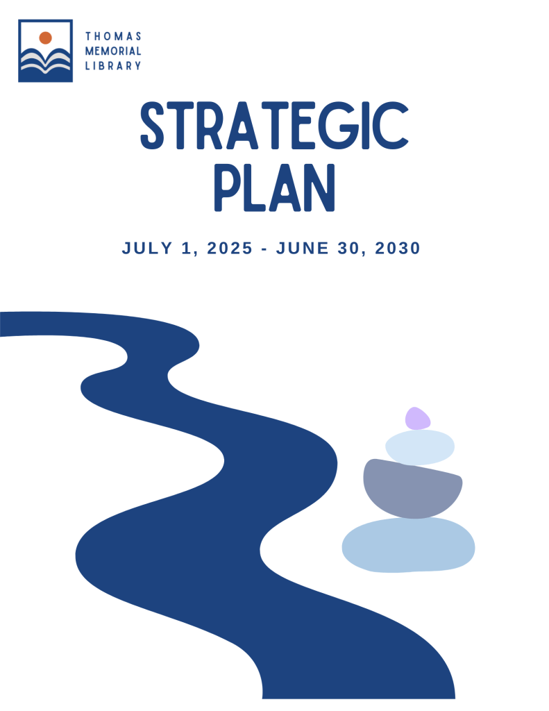 Thomas Memorial Library Strategic Plan 2025-2030, featuring a white background with a dark blue river and a rock cairn in various shades of blue and purple