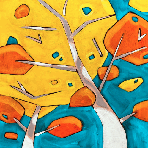 a painting of orange and yellow birch leaves, and white bark against a turquoise sky