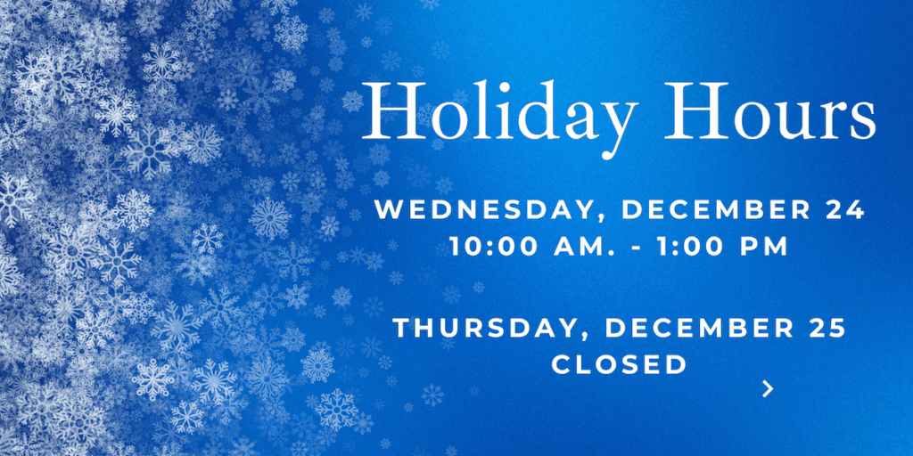 Holiday Hours: The library will close at 1:00 pm on Wednesday, December 24, and be closed all day on Thursday, December 25