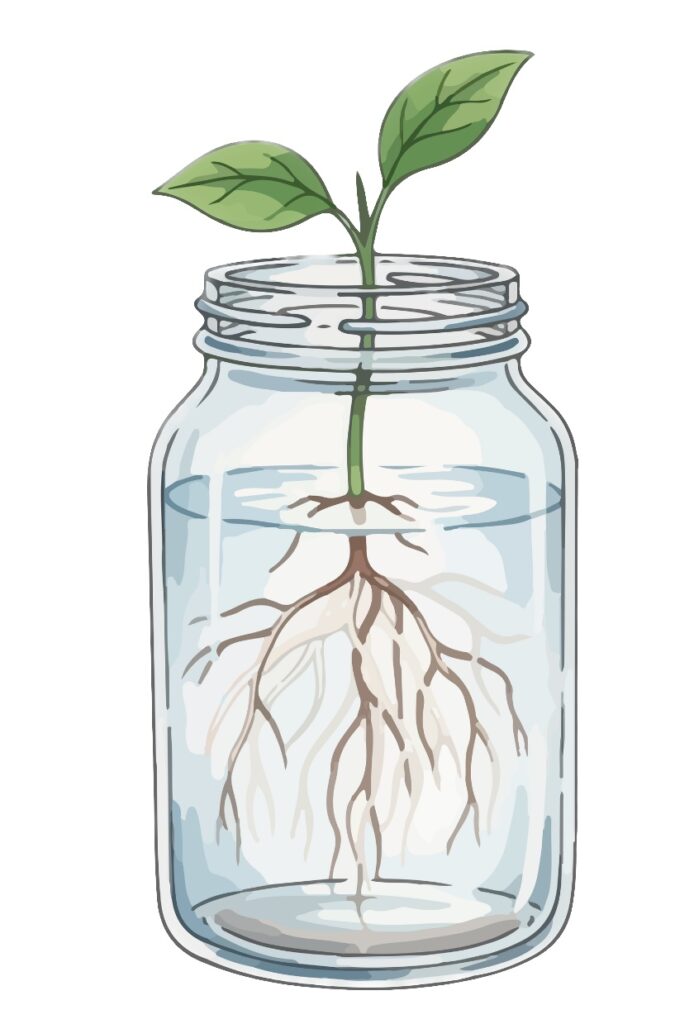 a watercolor stylized plant with two green leaves in a jar of water with roots growing