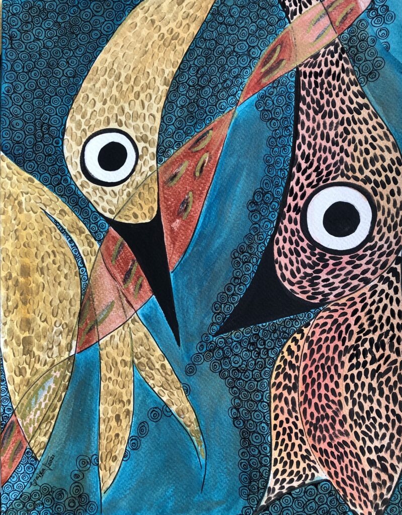 An abastract painting of two birds using mostly shades of teal, red, and gold.