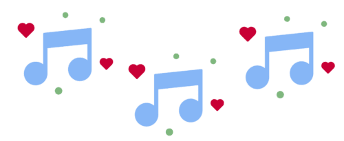 blue music notes with red hearts and green dots