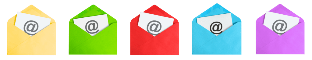 a line of colorful envelopes with an email symbol emerging from each one