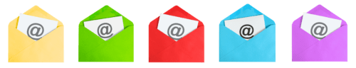 a line of colorful envelopes with an email symbol emerging from each one