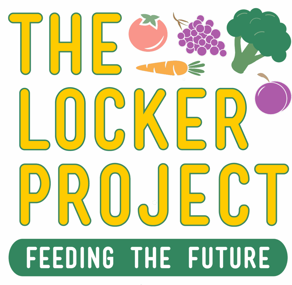 The logo for The Locker Project, with the words "feeding the future" and fruits and vegetables in the corner of the square image