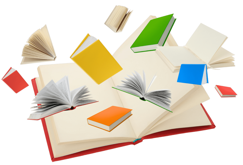 an image of colorful flying books