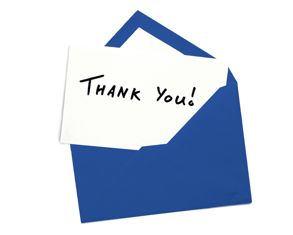 A blue envelope with a note inside that says "thank you."