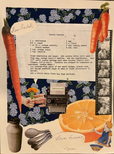 a collage featuring a recipe for carrot cookies with pictures of various elements of the recipe surrounding it