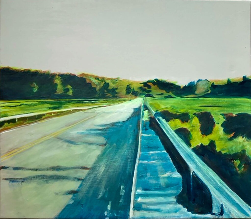 a painting depicting Sawyer Road crossing the marsh in Cape Elizabeth, Maine