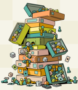 a cartoon depiction of a stack of board game boxes with some of the pieces spilling out