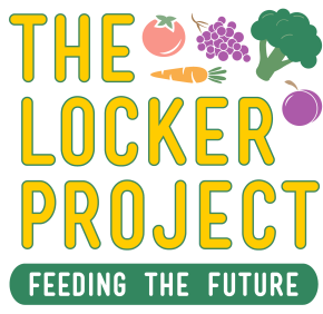 The logo for The Locker Project, with the words "feeding the future" and fruits and vegetables in the corner of the square image
