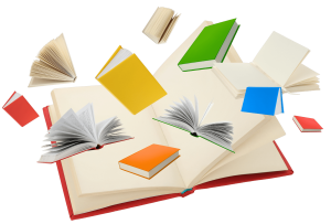 an image of colorful flying books